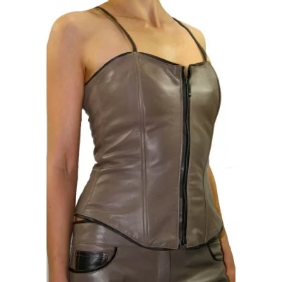 Bustier en cuir d'agneau taupe liserets marron modèle Bany