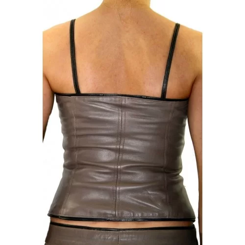 Bustier en cuir d'agneau taupe liserets marron modèle Bany