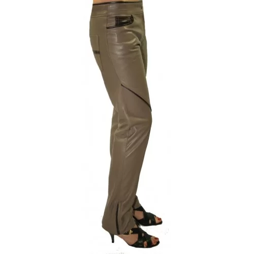 Pantalon en cuir d'agneau couleur taupe modèle Nina