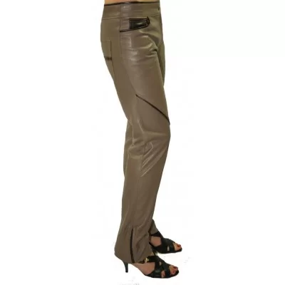 Pantalon en cuir d'agneau couleur taupe modèle Nina