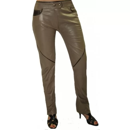 Pantalon en cuir d'agneau couleur taupe modèle Nina