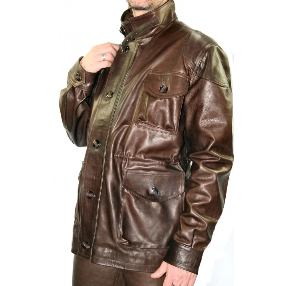 Trois quart homme en agneau marron type veste de combat modele Azel fabrication francaise