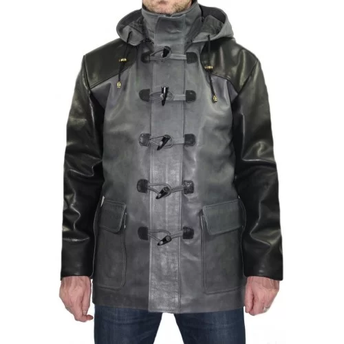 Duffe coat trois quart cuir de vachette noire et grise modèle Rinald