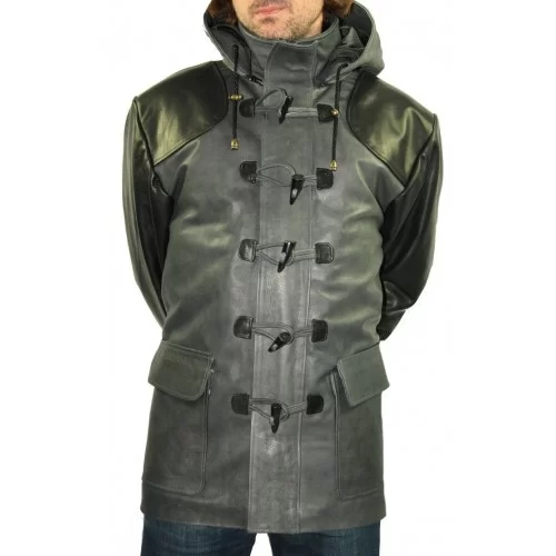 Duffe coat trois quart cuir de vachette noire et grise modèle Rinald