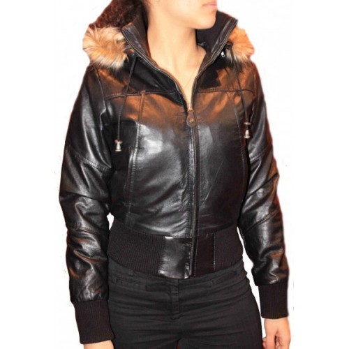 Blouson cuir d'agneau noir capuche amovible bords renard
