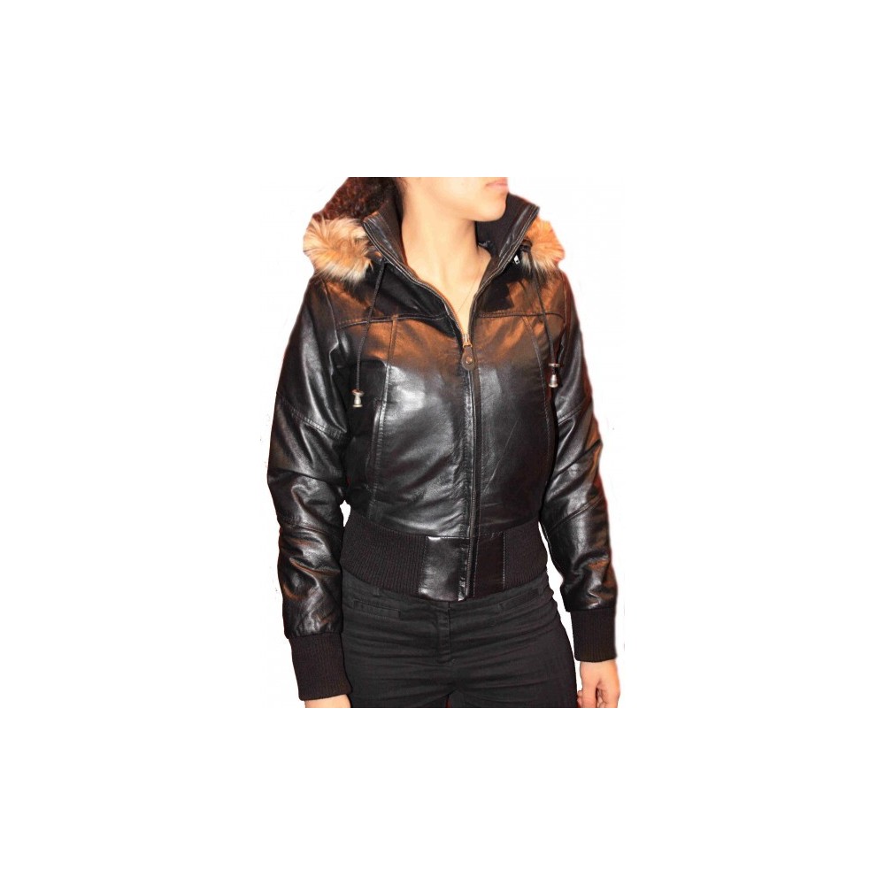 Blouson cuir d'agneau noir capuche amovible bords renard