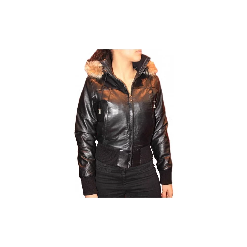 Blouson cuir d'agneau noir capuche amovible bords renard