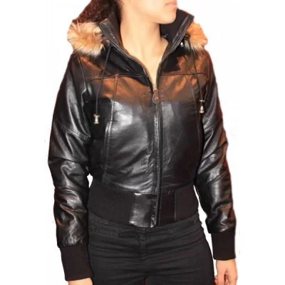 Blouson cuir d'agneau noir capuche amovible bords renard