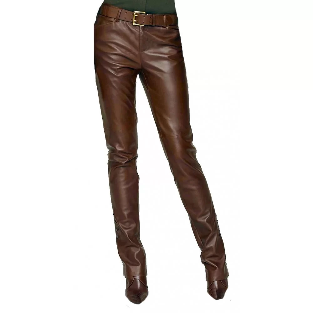 Pantalon cuir femme couleur marron en agneau modèle Lola fabrication  française haut de gamme