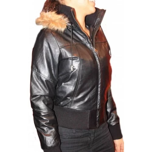Blouson cuir d'agneau noir capuche amovible bords renard