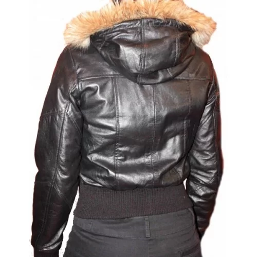 Blouson cuir d'agneau noir capuche amovible bords renard