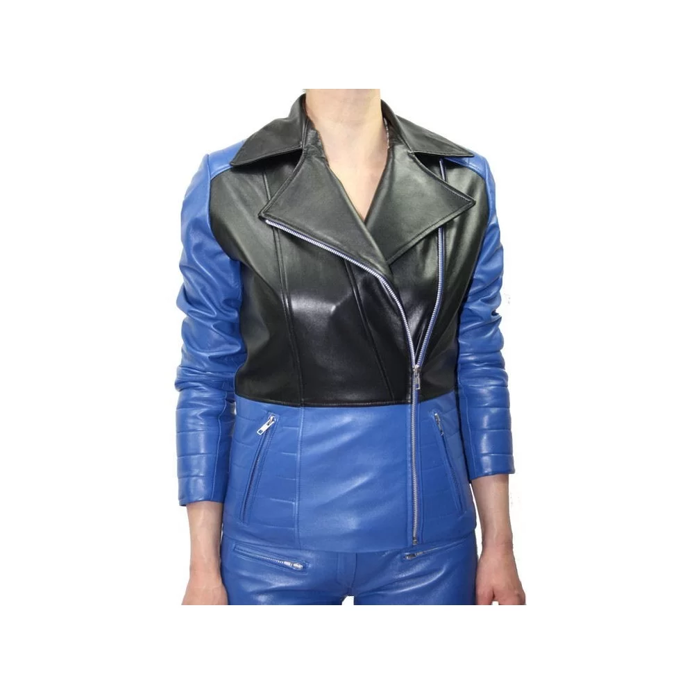 Blouson cuir perfecto femme agneaux bleu et noir modèle Angie