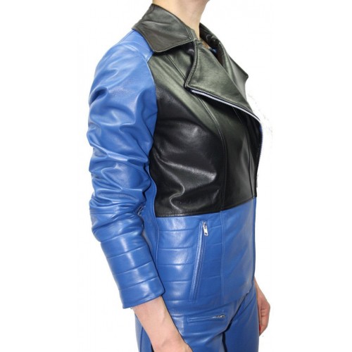 Blouson cuir perfecto femme agneaux bleu et noir modèle Angie