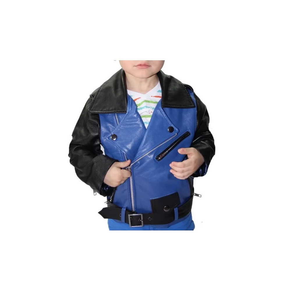 Blouson cuir enfant style perfecto bicolore noir et bleu modèle