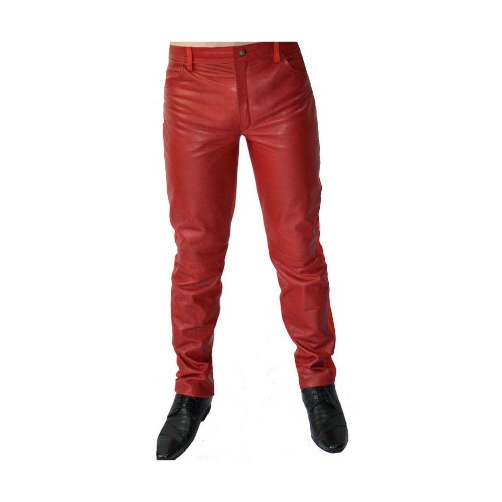 Pantalon cuir homme agneau velours rouge et cuir rouge modèle Eric