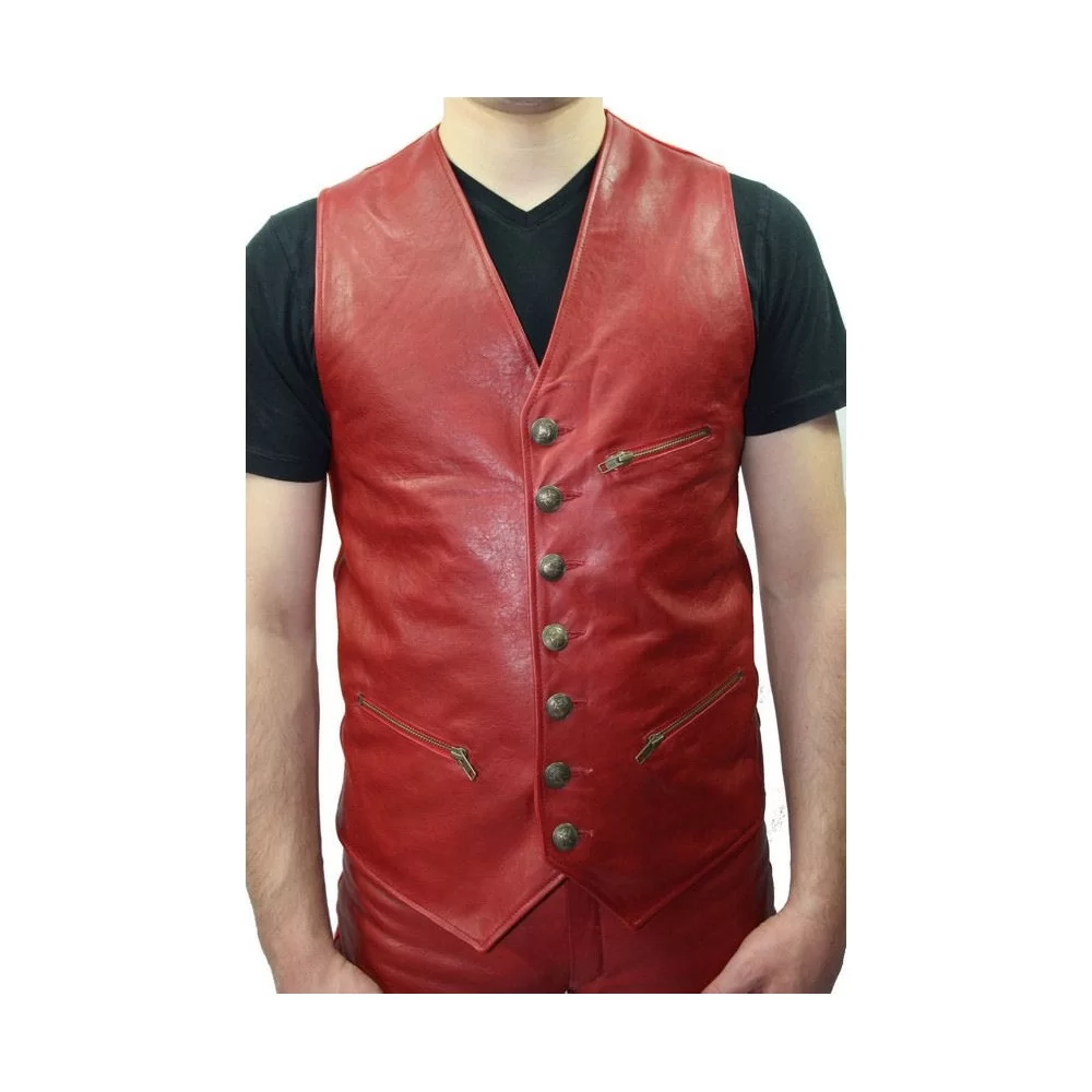 Gilet cuir homme agneau modèle Lario cuir rouge à l'avant et agneau velours rouge à l'arriere