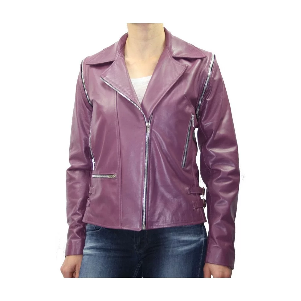 Blouson perfecto cuir femme manches amovibles modèle Atela agneau violet