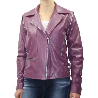 Blouson perfecto cuir femme manches amovibles modèle Atela agneau violet