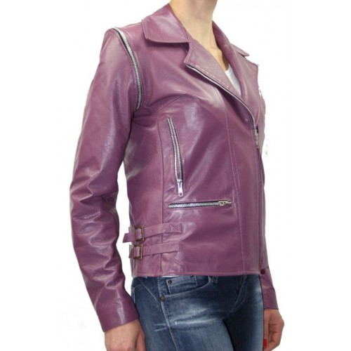 Blouson perfecto cuir femme  manches amovibles modèle Atela agneau violet