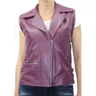 Gilet cuir type perfecto agneau violet modèle Forela