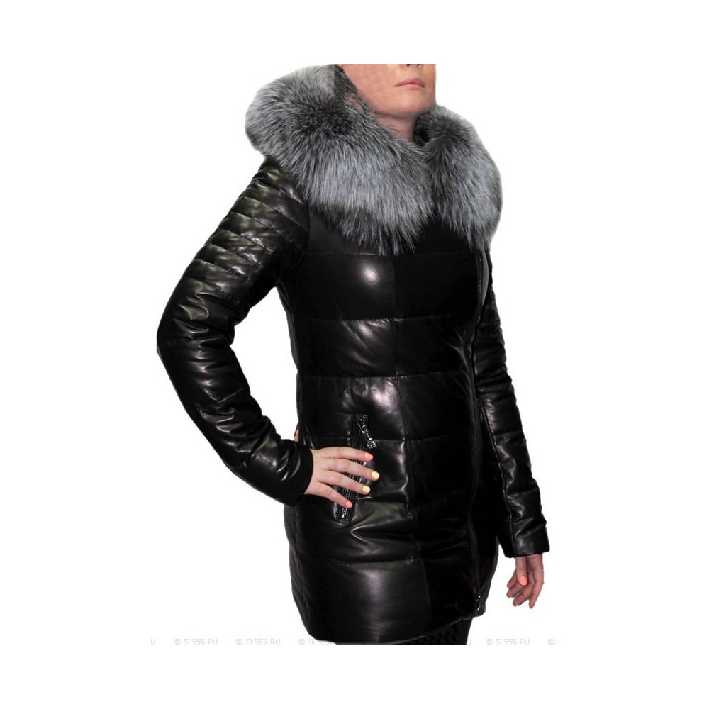 Trois quart doudoune cuir  agneau plongé femme col bords renard  modèle Ursula