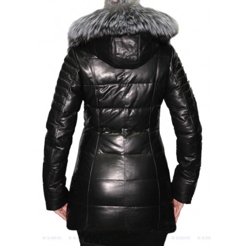 Trois quart doudoune cuir  agneau plongé femme col bords renard  modèle Ursula