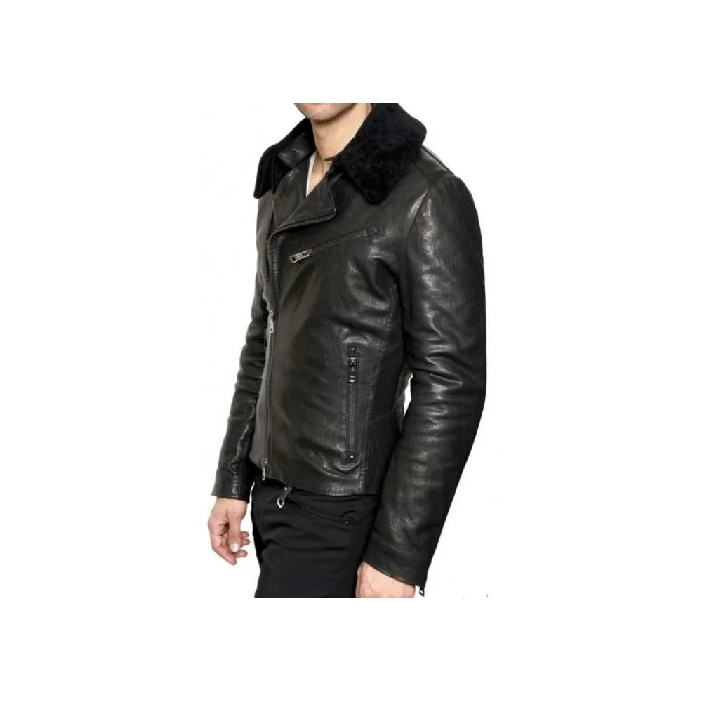 BLOUSON CUIR PERFECTO HOMME VINTAGE CHOCO COL OUVERT FOURRÉE LAINE  SYNTHÉTIQUE , Ce blouson pour homme en cuir sublimé de