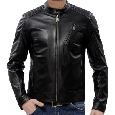 Blouson homme cuir agneau noir col officier modèle Barny