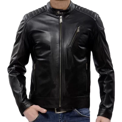Blouson homme cuir agneau noir col officier modèle Barny