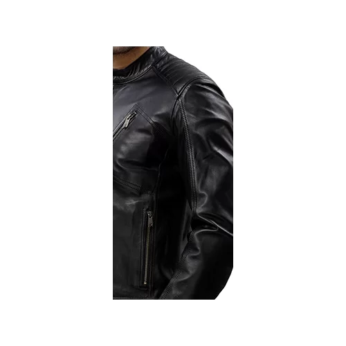 Blouson homme cuir agneau noir col officier modèle Barny