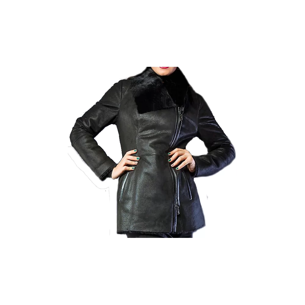 Veste femme peau lainé aspect huilé couleur noir modèle Véronica