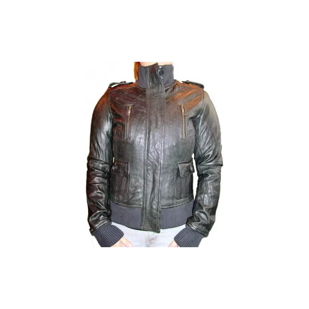 Blouson femme en agneau noir cuir froissé modèle Gloria