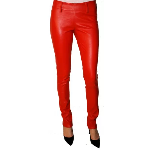 Pantalon cuir femme agneau plongé stretch rouge modèle Mity