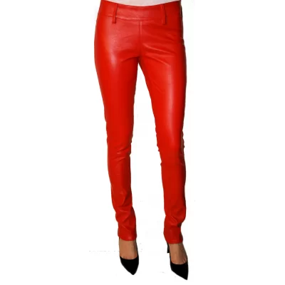 Pantalon cuir femme agneau plongé stretch rouge modèle Mity