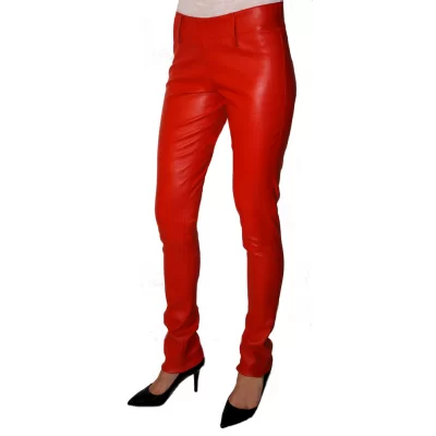 Pantalon cuir femme agneau plongé stretch rouge modèle Mity