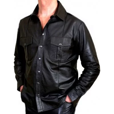 Chemise cuir homme agneau noir modèle Germane