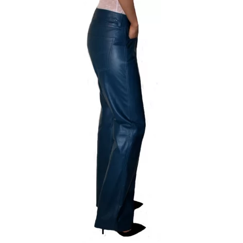 Pantalon cuir femme bas large agneau bleu modèle Delia