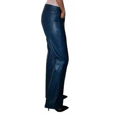 Pantalon cuir femme bas large agneau bleu modèle Delia 