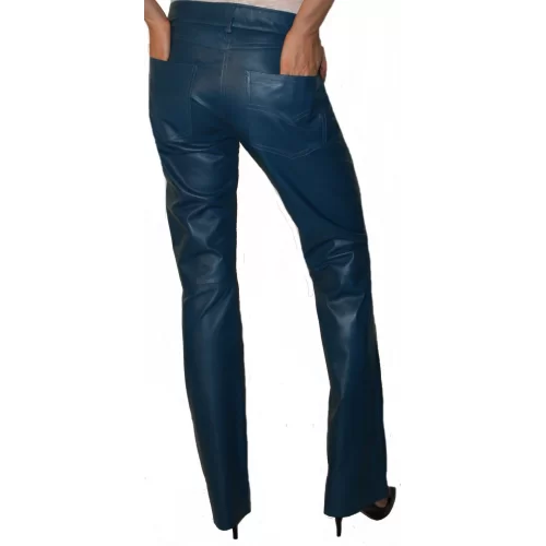 Pantalon cuir femme bas large agneau bleu modèle Delia