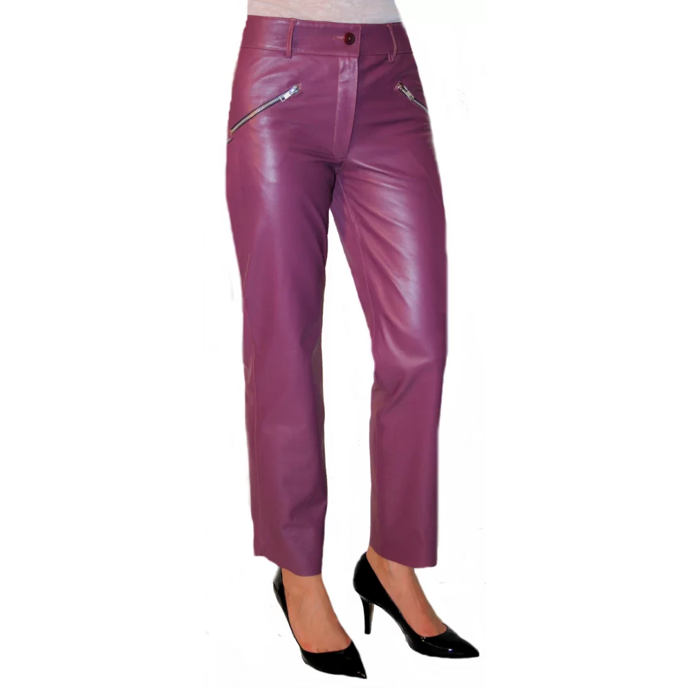 Pantalon cuir femme court agneau violet modèle Balika