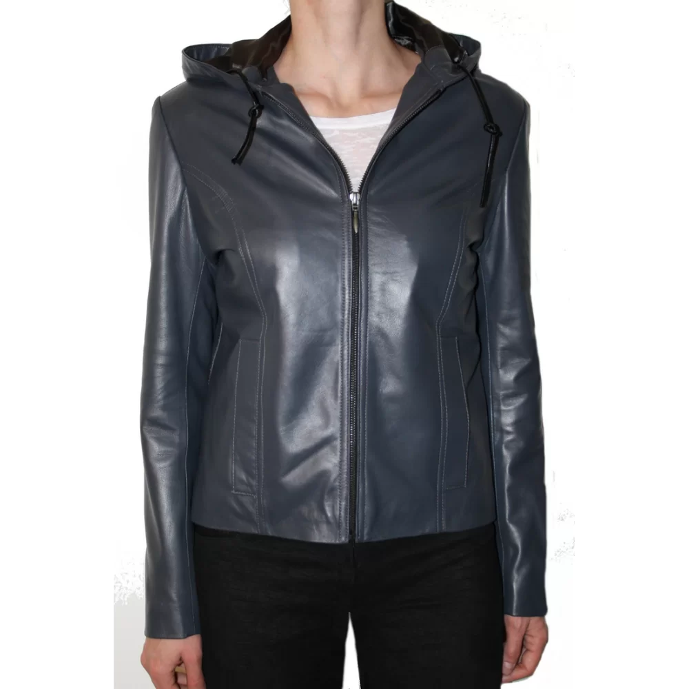 Blouson cuir femme agnau bleu à capuche modèle Elvira