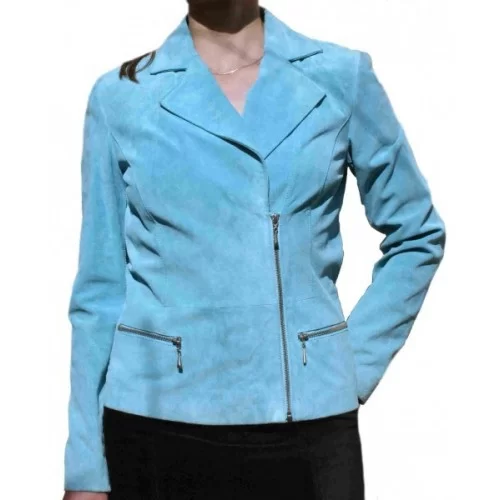 Blouson style perfectoen agneau velours façon daim couleur bleu ciel modèle Eva