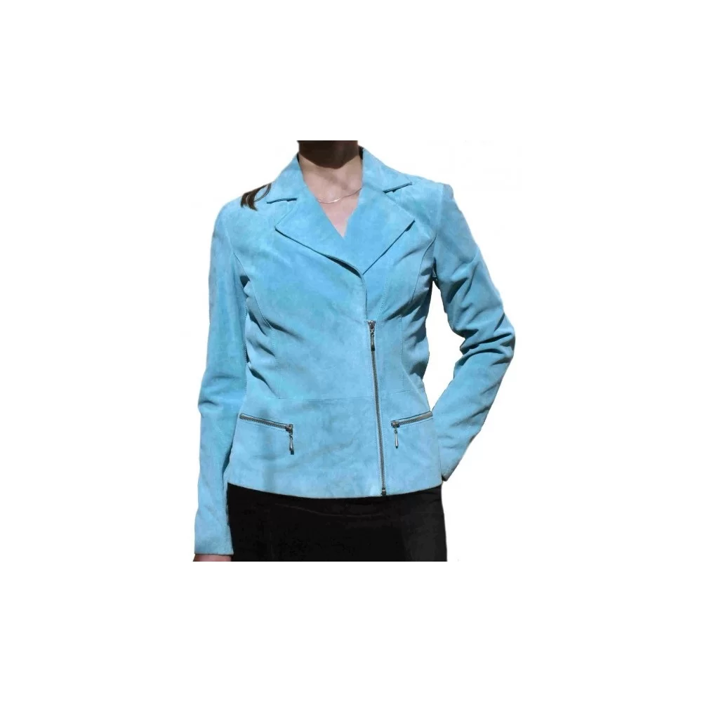 Blouson style perfectoen agneau velours façon daim couleur bleu ciel modèle Eva