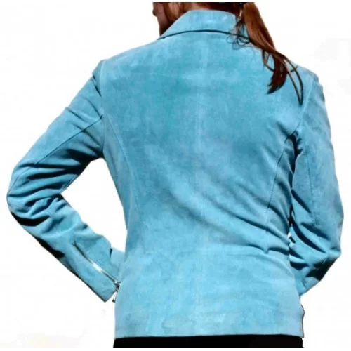 Blouson style perfectoen agneau velours façon daim couleur bleu ciel modèle Eva