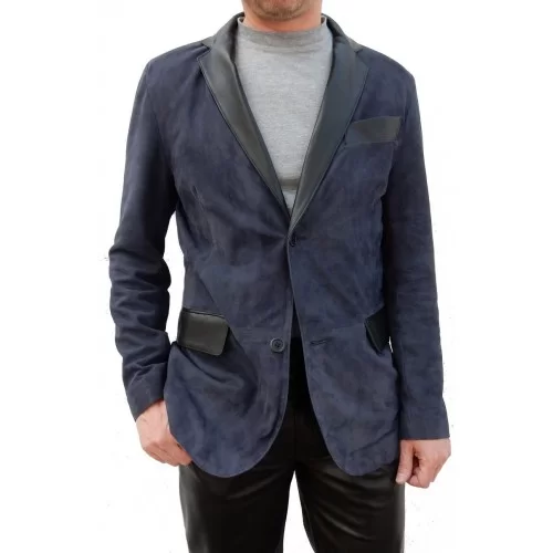  Veste blazer cuir homme peau velours bleu et cuir noirmodèle Sunny