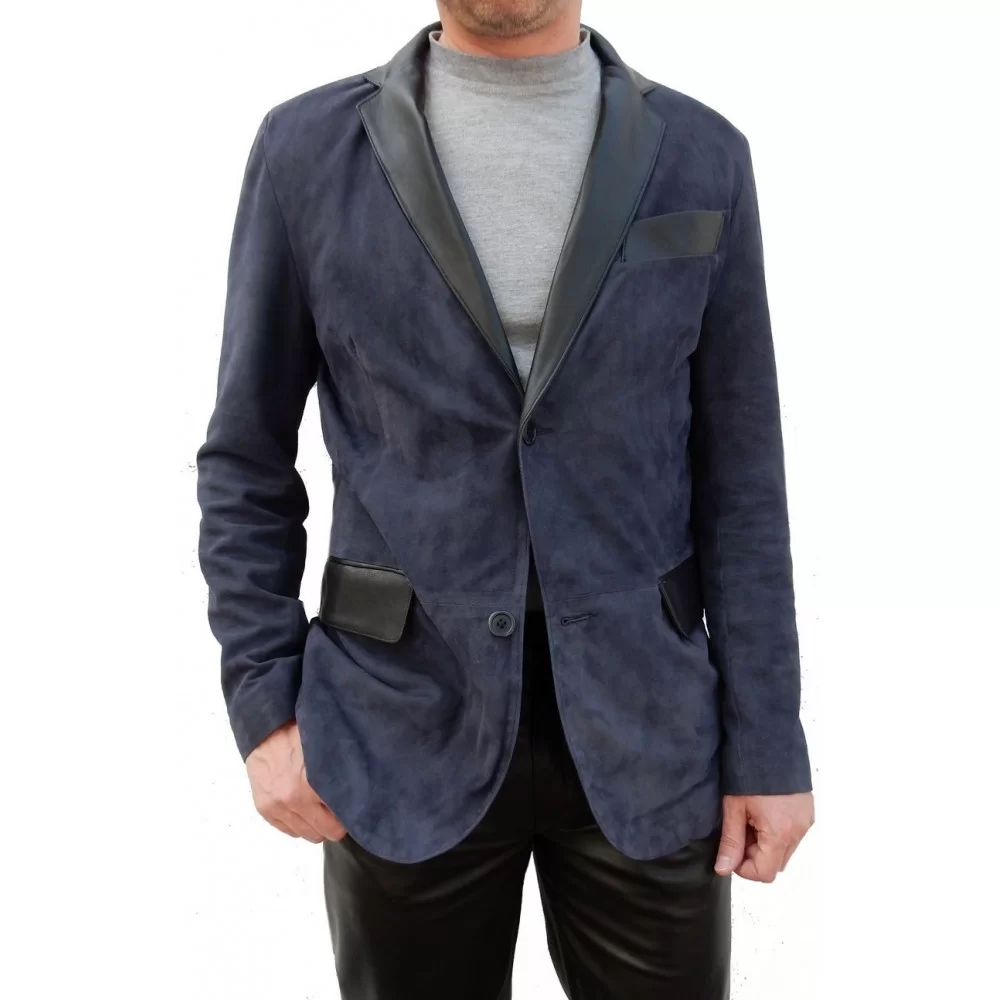  Veste blazer cuir homme peau velours bleu et cuir noirmodèle Sunny