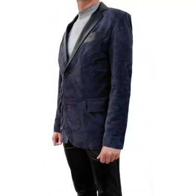  Veste blazer cuir homme peau velours bleu et cuir noirmodèle Sunny