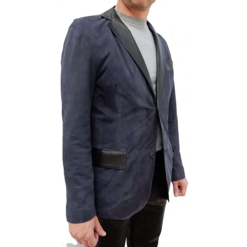  Veste blazer cuir homme peau velours bleu et cuir noirmodèle Sunny