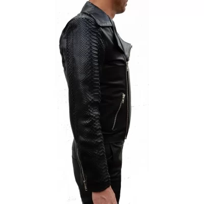 Blouson style perfecto agneau noir et python véritable noir modèle Indiana