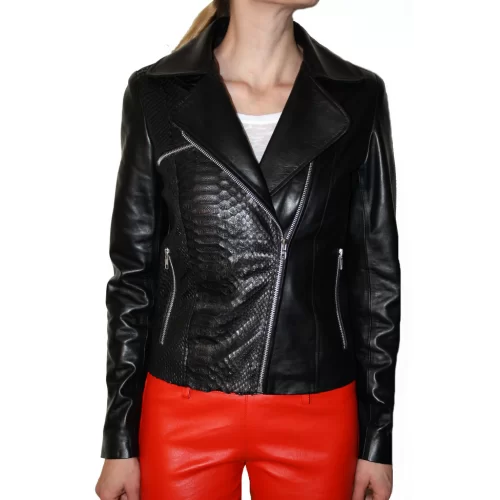 Blouson cuir style perfecto femme en agneau plongé et python véritable modèle Léota